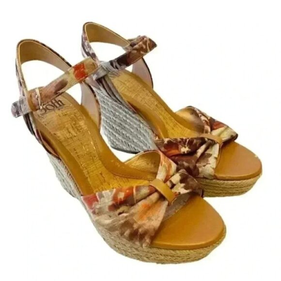 Softt Peggie Platform Wedge Espadrilles Sandals Jute Tan Brown Floral Size 9.5 - Picture 2 of 15